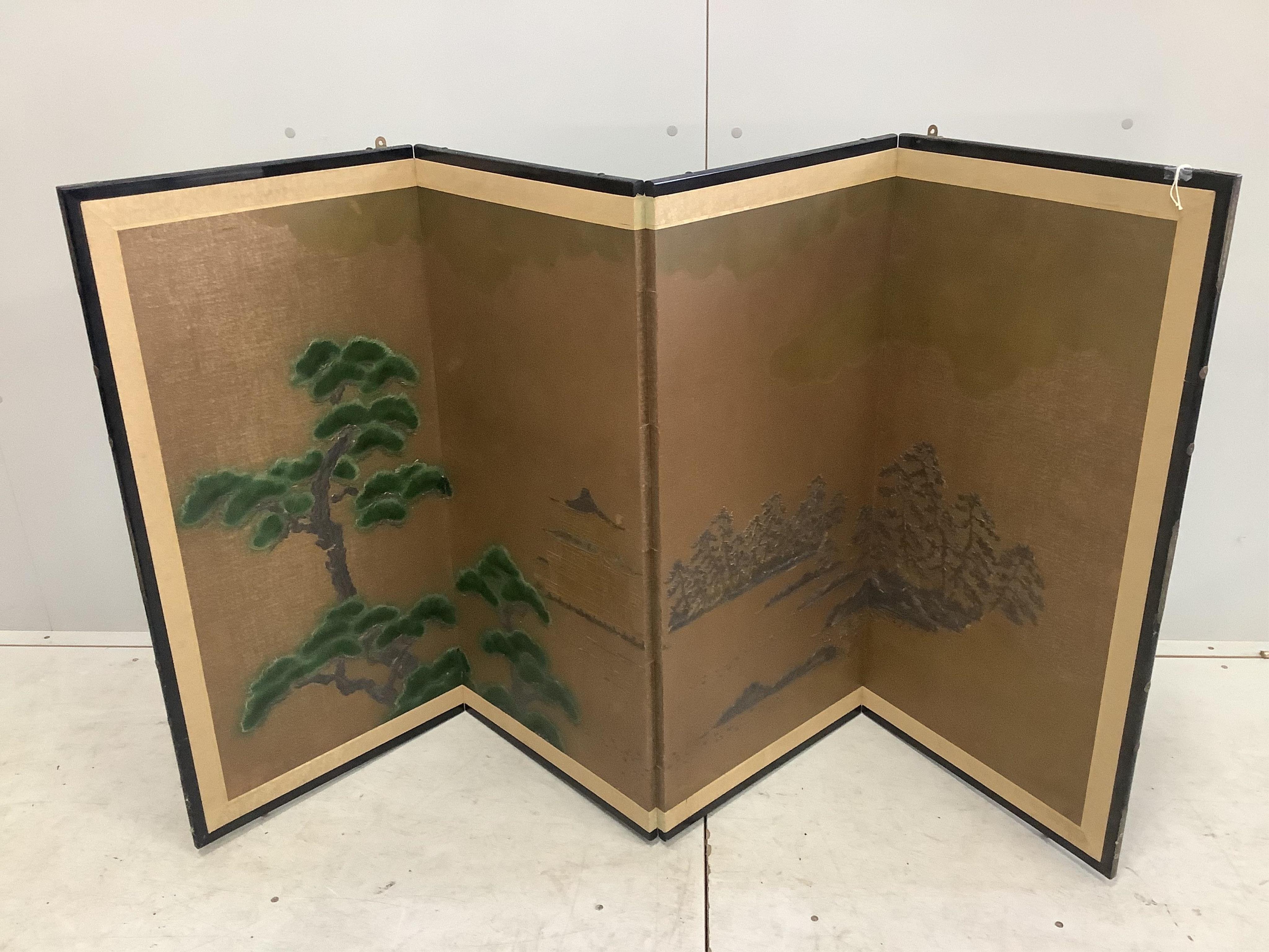 A Japanese four fold screen, each panel width 45cm, height 90cm. Condition - good